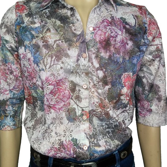 Vintage Floral Lace Eyelet Button Front Blouse - Picture 5 of 8